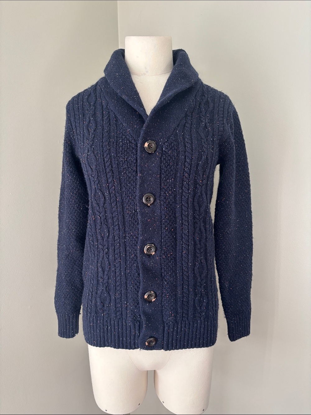 Rorie Whelan Shawl Collar Cable Knit Cardigan Speckled Navy Sz S